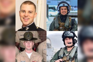 Capt. Matthew J. Tomkiewicz, 27 (top left), Capt. Ross A. Reynolds, 27, Gunnery Sgt. James W. Speedy, 30 and Cpl. Jacob M. Moore, 24