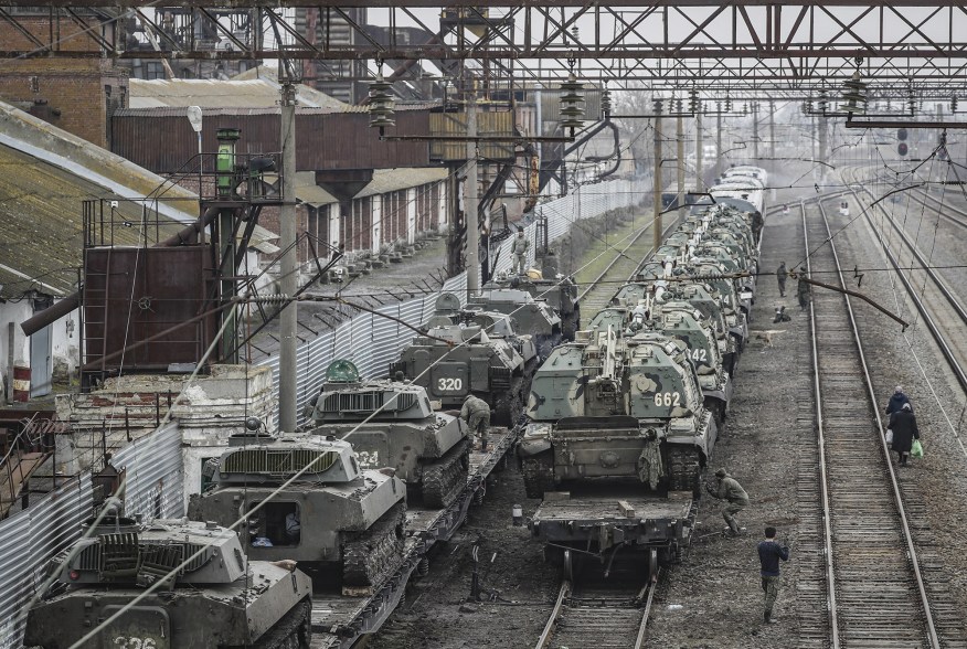 Russian armored vehicles at the railway station in Rostov, Russia, Feb. 23.