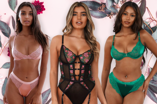 Three women wearing lingerie against a floral background