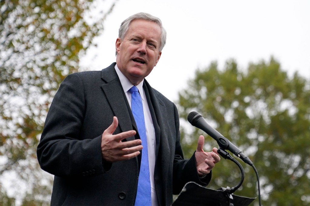 Mark Meadows speaks with reporters outside the White House