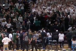 fans at Wagner-Bryant game fight in the stands during the second half.