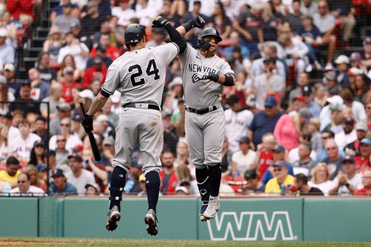 The Yankees celebrate a home run.