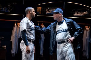 Darren Lemmings (Jesse Williams, left) comes out. as a gay baseball player in "Take Me Out" on Broadway.