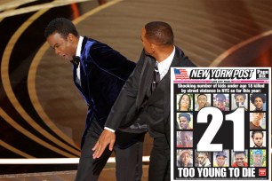 Main: Actor Will Smith was widely criticized for his viral slap on Chris Rock during the Oscars. Inset: Front page for New York Post for Saturday October 2, 2021: