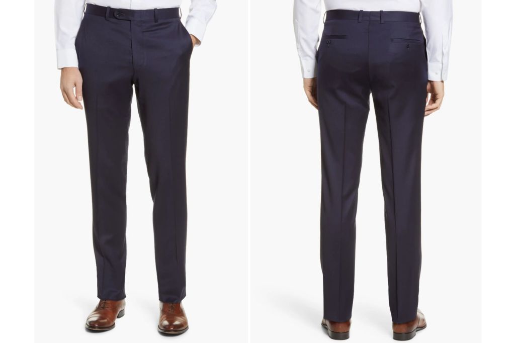 Man in dark blue dress pants from front and back.