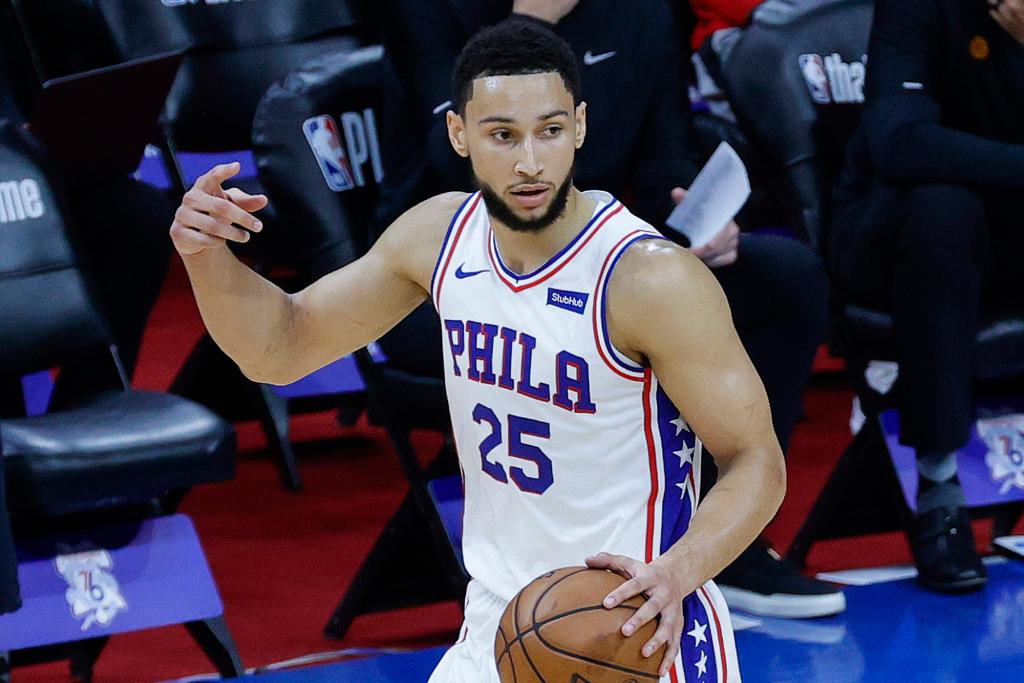 Ben Simmons #25 of the Philadelphia 76ers signals to teammates during Game 7 of the the Eastern Conference Semifinals against the Atlanta Hawks on June 20, 2021.