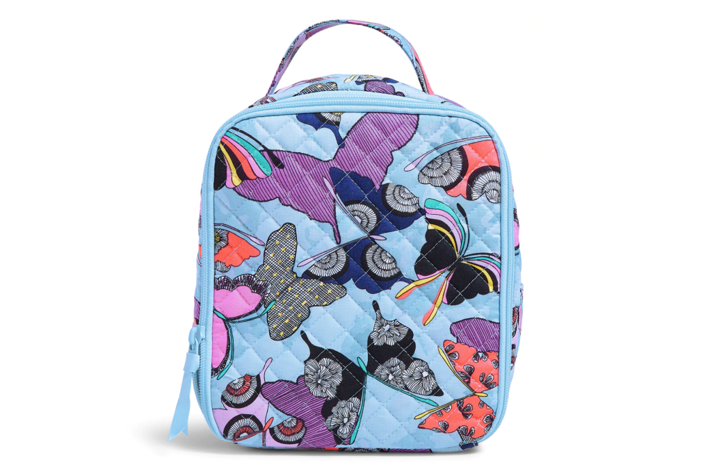 Blue quilted lucnh bag with butterflies