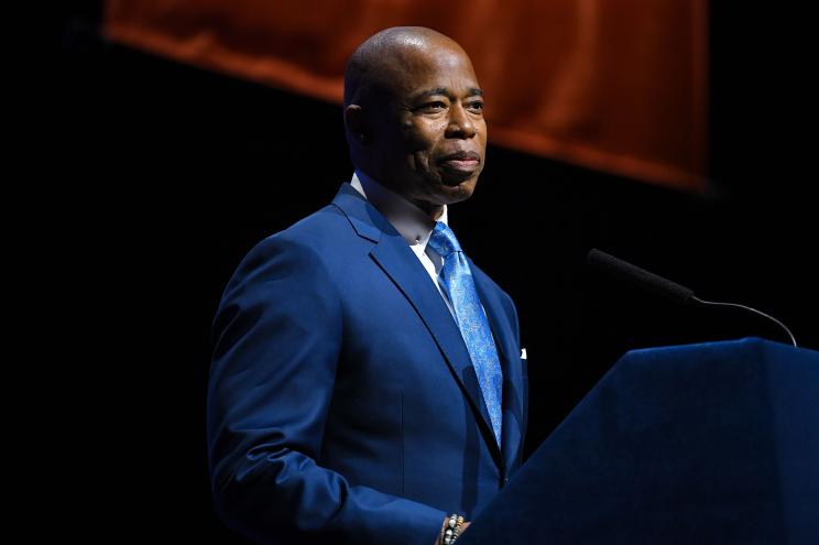 Mayor Eric Adams delivers a speech at the Kings Theater on April 26.