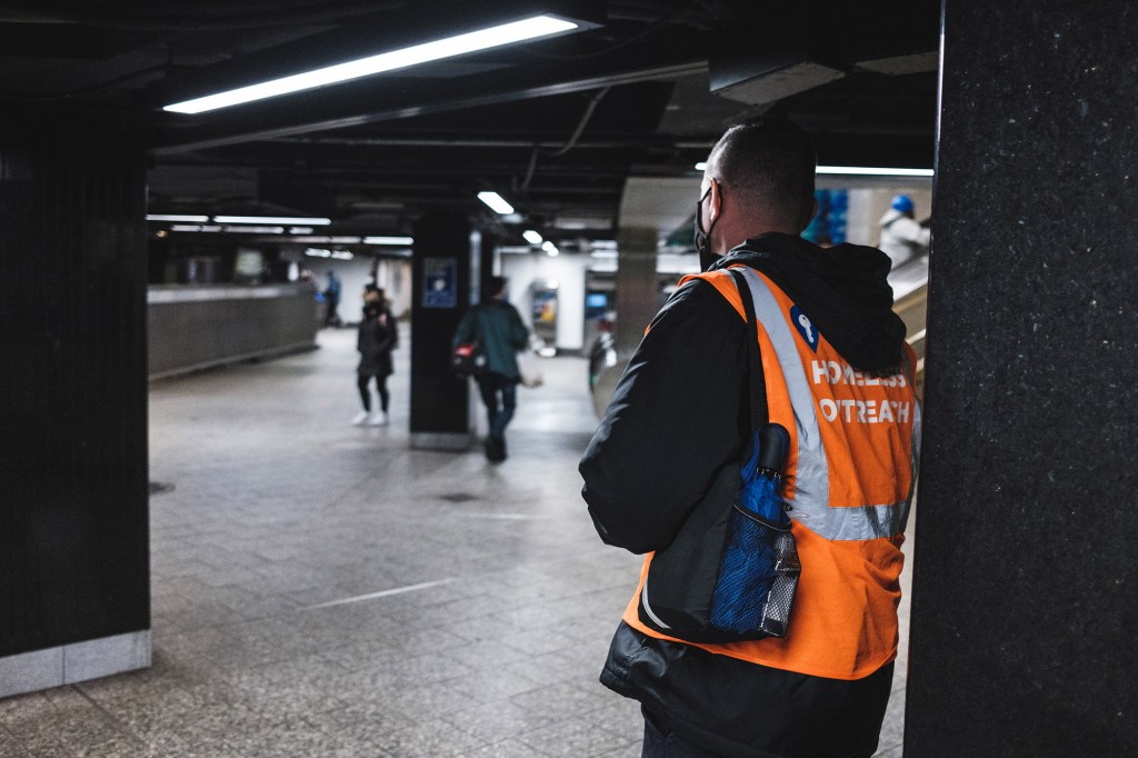 A homeless outreach program worker at the BDFM 34th street station in Manhattan. 