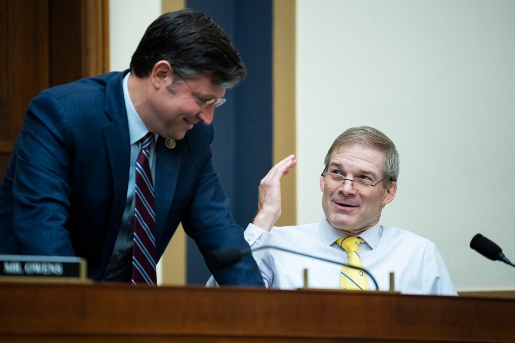 Reps. Jim Jordan, R-Ohio, right, and Mike Johnson, R-La., attend the House Judiciary Subcommittee