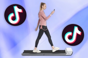 A woman on a treadmill and TikTok logos on a purple background