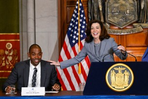 New York Gov. Kathy Hochul announces Representative Antonio Delgado to serve as Lieutenant Governor of New York state during a news conference In the Red Room at the state Capitol Tuesday, May 3, 2022, in Albany, N.Y.