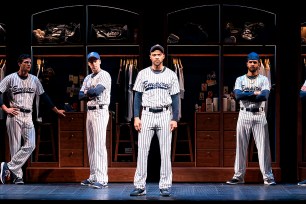 Jesse Williams, center, during a performance of the Broadway revival of the baseball-themed "Take Me Out."
