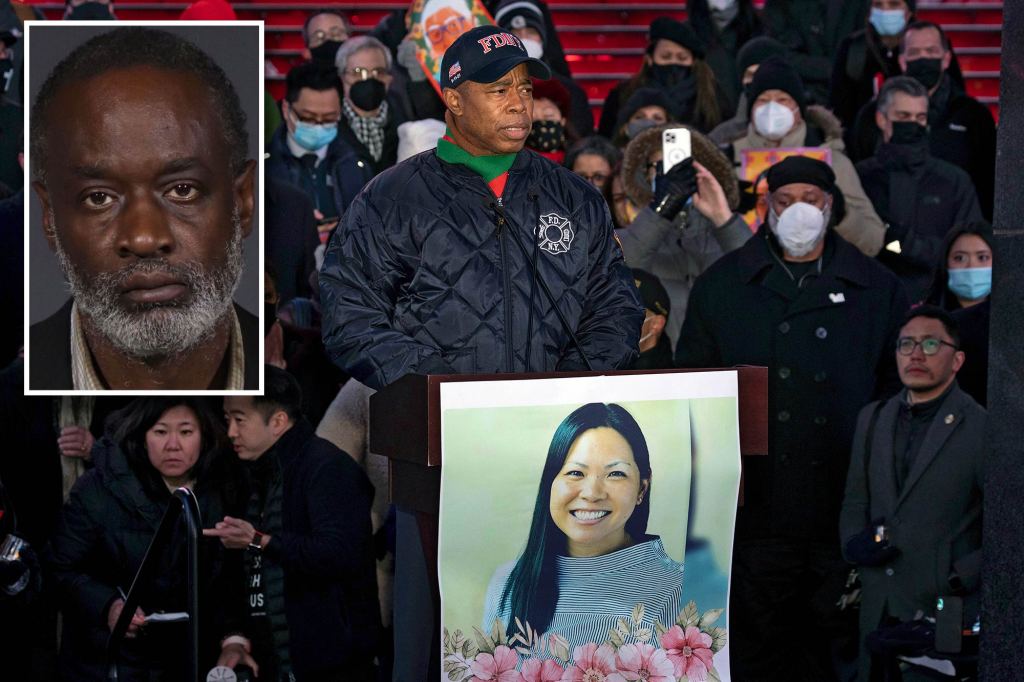 Mayor Eric Adams attends a vigil for Michelle Go, who was pushed to her death from a Times Square subway platform. Martial Simon (inset), a mentally ill homeless man with a lengthy rap sheet, is the suspect in her murder.