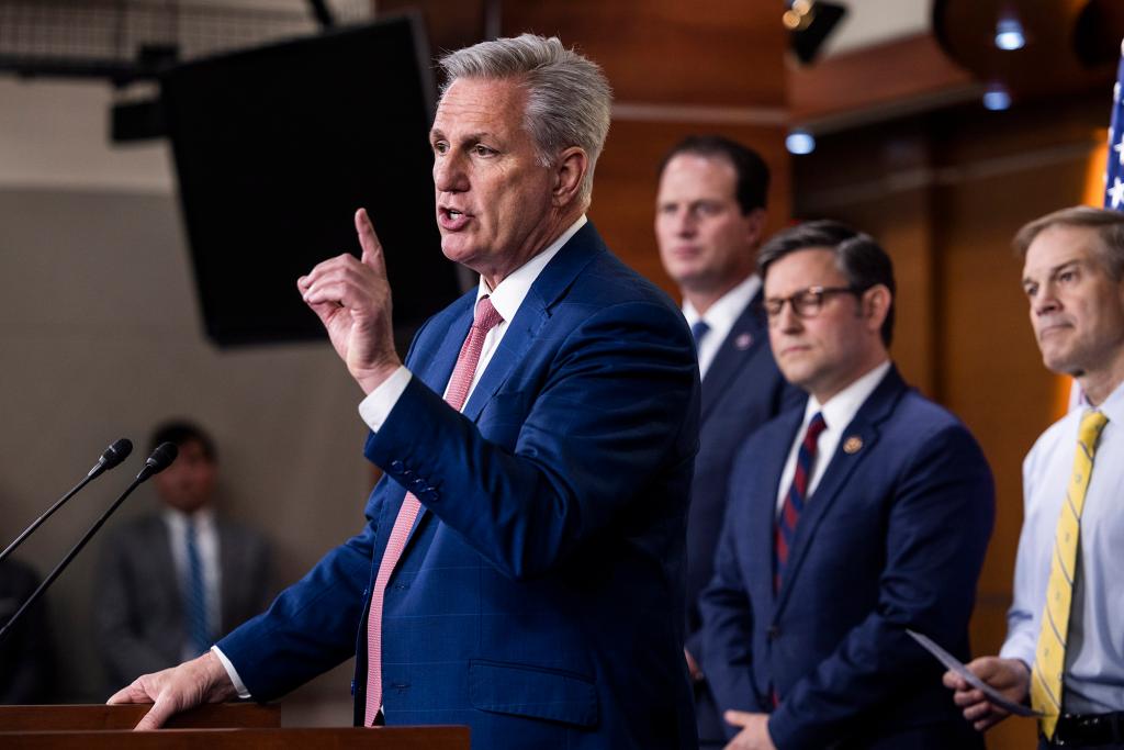 House Minority Leader Kevin McCarthy speaks on his attempts to terminate the Department of Homeland Security's Disinformation Governance Board on May 11, 2022.