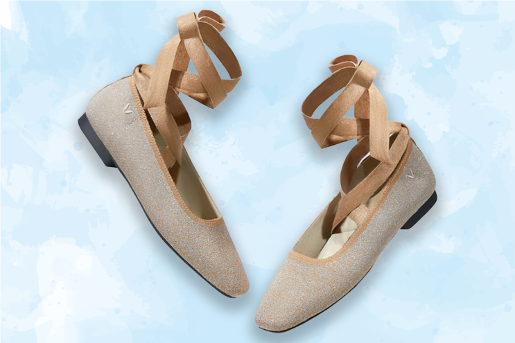 Blue background with tan ankle wrap ballet flats on cover