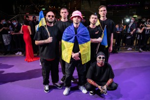 MADRID, SPAIN - APRIL 16: Ukraine representatives and members of Kalush Orchestra attends the red carpet of the Eurovision party "Eurovision PreParty" at Sala La Riviera on April 16, 2022 in Madrid, Spain. (Photo by Aldara Zarraoa/WireImage)