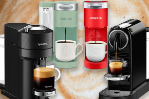 Image of keurigs and nespresso against a coffee background