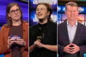 Mattea Roach (center) has weighed in on who she thinks should become the permanent "Jeopardy!" host: Mayim Bialik (left) or Ken Jennings (right).