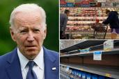 Left: President Joe Biden. Right: Consumers shop for meat at a Safeway grocery store in Annapolis, Maryland, on May 16, 2022, as Americans brace for summer sticker shock as inflation continues to grow. Right: Shelves typically stocked with baby formula sit mostly empty at a store in San Antonio, Tuesday, May 10, 2022. 