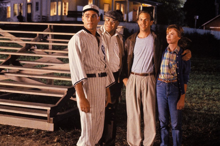 Ray Liotta is seen in "Field of Dreams" alongside costars James Earl Jones, Kevin Costner, and Amy Madigan.