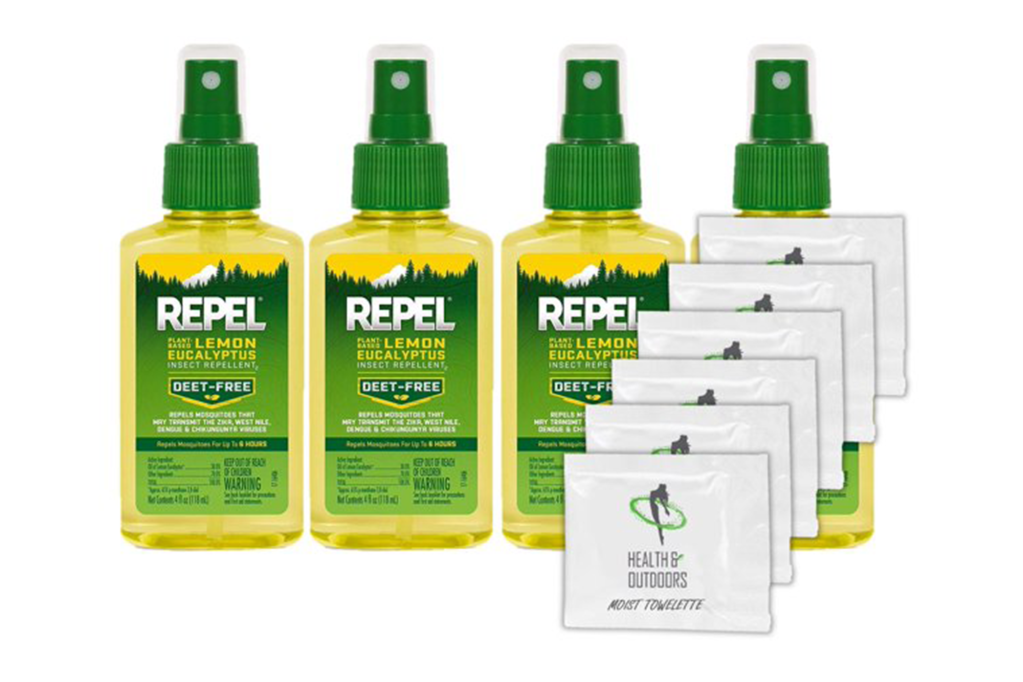 Repel Plant-Based Lemon Eucalyptus Insect Repellent Pump Spray(4-Pack) & HAO Moist Towelettes (6-Pack)