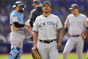 Yankees reliever Wandy Peralta reacts to getting pulled from the game against the Blue Jays in the seventh inning during a game at the Rogers Centre on June 19, 2022 in Toronto.