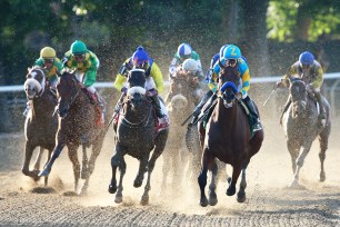 merican Pharoah #5, ridden by Victor Espinoza, leads the field out of the fourth turn during the 147th running of the Belmont Stakes.