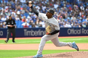 Luis Severino pitches Sunday during the Yankees' loss to the Blue Jays.