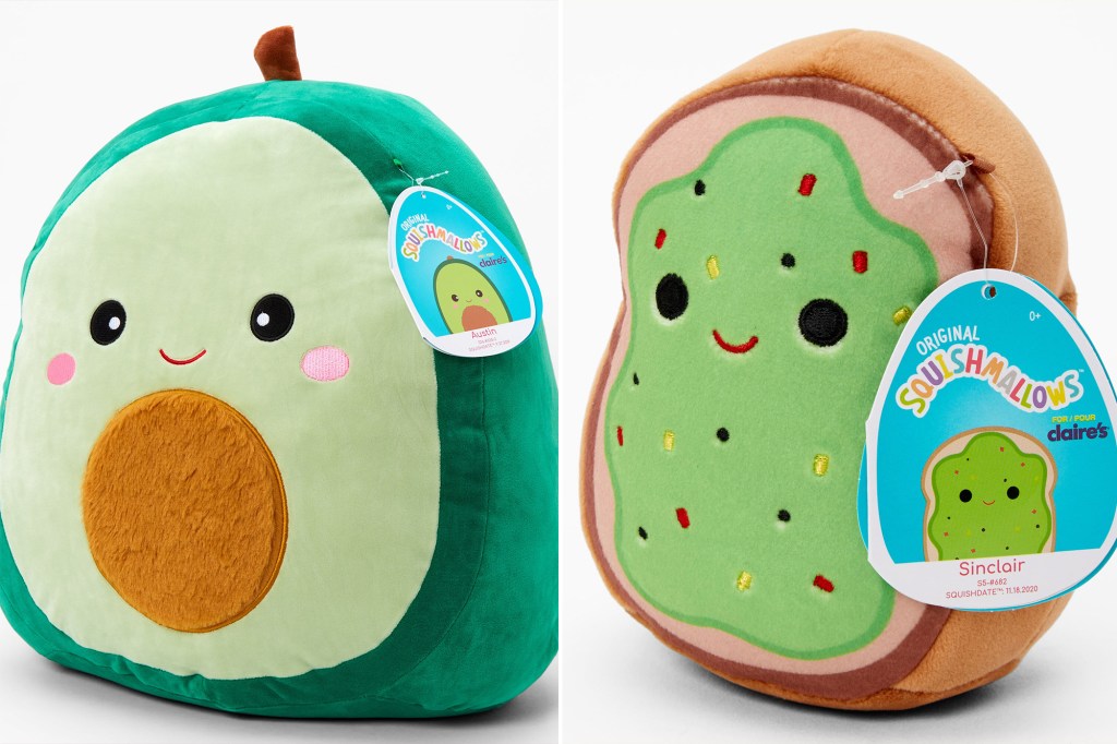 A side by side of a an avocado and avocado toast Squishmallow