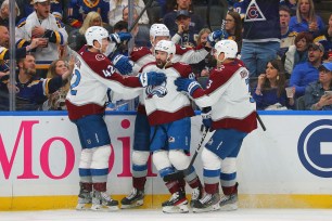 Nazem Kadri #91 of the Colorado Avalanche celebrates after scoring a goal against the St. Louis Blues.