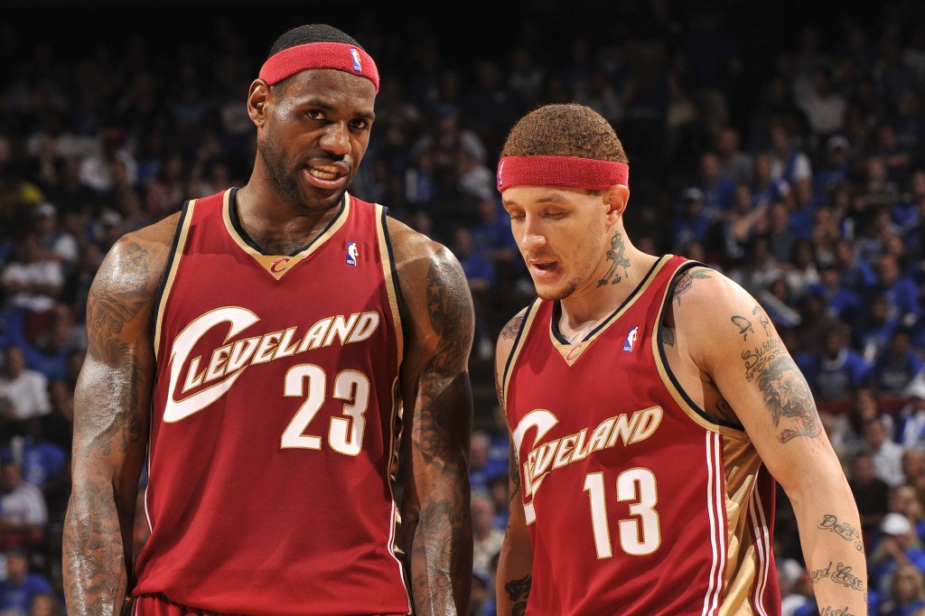 LeBron James, left, and Delonte West talk during Game Three of the Eastern Conference finals in 2009.