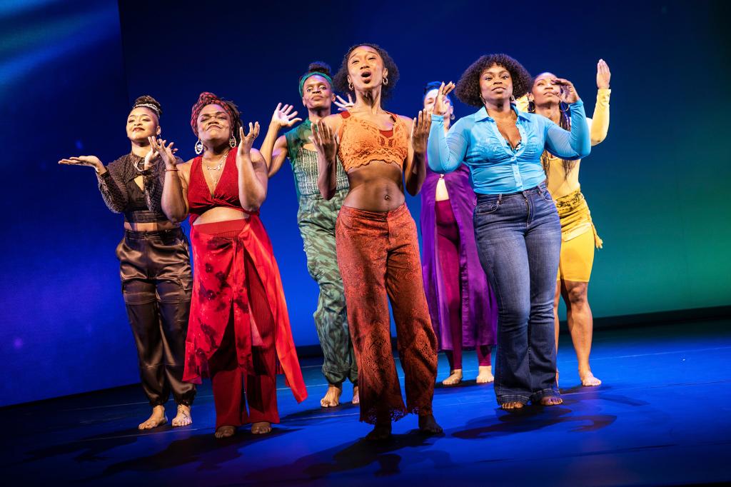 Tendayi Kuumba, Kenita R. Miller, Okwui Okpokwasili, Amara Granderson, Alexandria Wailes Stacey Sargeant and D. Woods during a performance of "for colored girls who have considered suicide/when the rainbow is enuf."