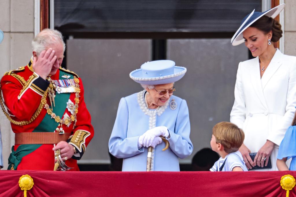 Prince Charles, Prince of Wales, Queen Elizabeth II, Prince Louis of Cambridge and Catherine, Duchess of Cambridge on the balcony of Buckingham Palace during the Trooping the Colour parade on June 02, 2022 in London, England.