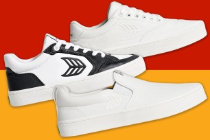 Three sneakers on a double colored background.