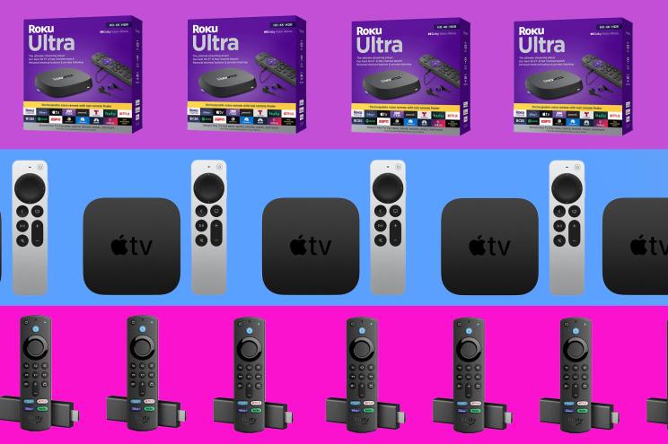 Streaming devices repeat on a pink, purple, and blue background.