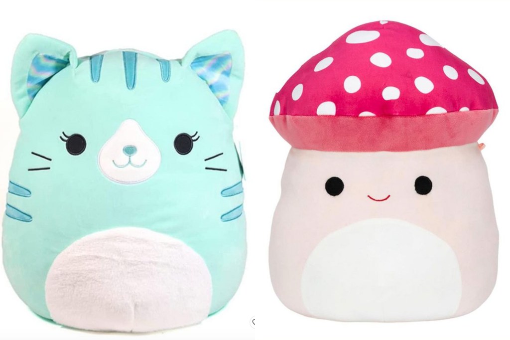 A blue cat and a red mushroom Squishmallow 
