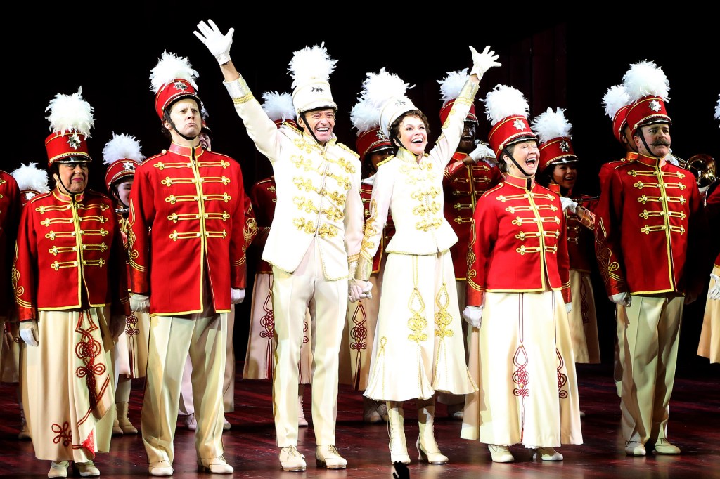 Hugh Jackman and Sutton Foster perform onstage during the opening night curtain call for "The Music Man."