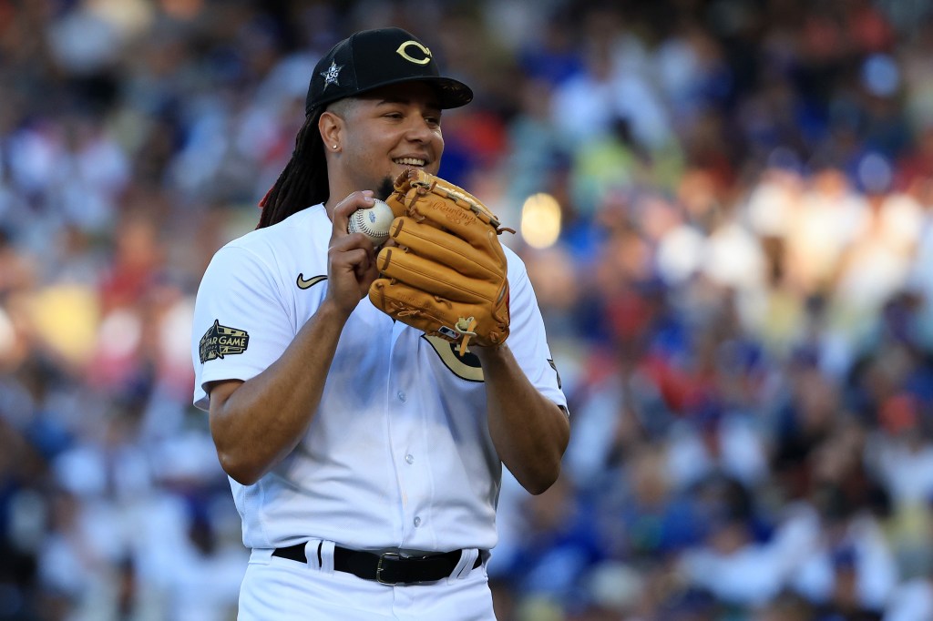 Luis Castillo gets set to pitch in the fifth inning during the 92nd MLB All-Star Game at Dodger Stadium on July 19, 2022 in Los Angeles.