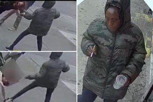 The footage shows the suspect appearing to wait for the elderly victim to pass before grabbing her hair and throwing her down.