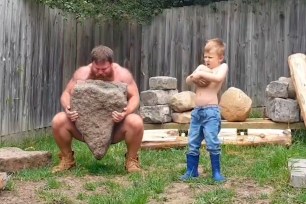 Powerlifter Laird Ross, 31, works out side-by-side with his 6-year-old son, Kyan, using natural stones and boulders.