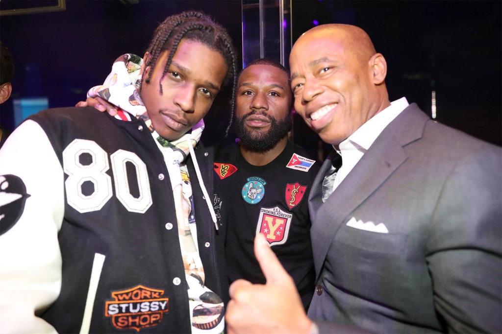 A$AP Rocky, Floyd Mayweather and Mayor Eric Adams attend Bilt Rewards X Wells Fargo Launch Event Party on March 28, 2022 in New York City. 