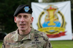 U.S. Army Lt. Gen. Gary Volesky talks to reporters following a change of command ceremony, Monday, April 3, 2017.