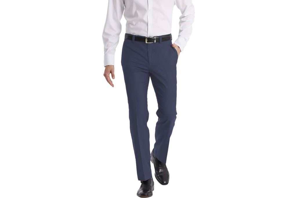 Man in navy blue Calvin Klein dress pants