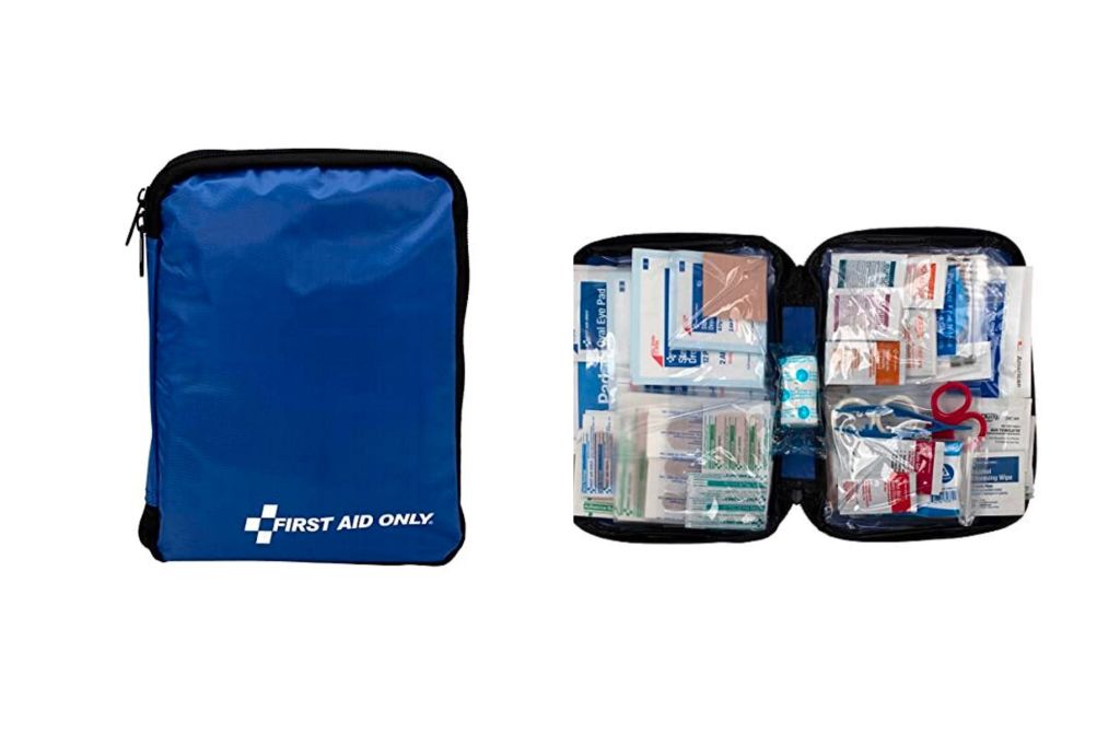 Blue emergency first aid kit opened.