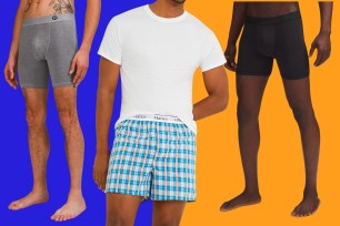 Three men in different styles of underwear on a two-colored background.