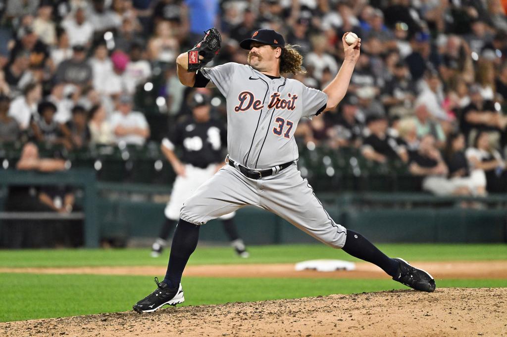 Andrew Chafin #37 of the Detroit Tigers pitches against the Chicago White Sox at Guaranteed Rate Field on July 7, 2022 in Chicago, Illinois.