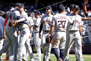 The Astros celebrate a win over the Yankees on June 25, 2022.