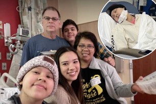 Keith and Analiza Vincent are struggling to pay for gas needed to transport their sick daughter Jinger to her cancer treatments. The couple are pictured with Jinger (front left) and their two other children in a recent photo.