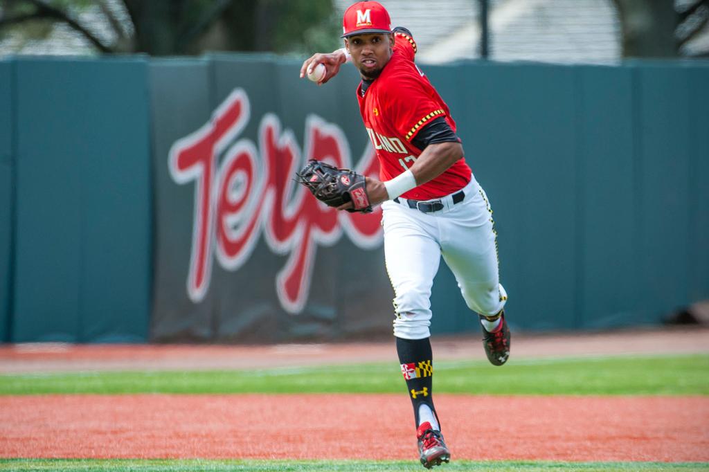 Maryland infielder Jose Cuas (12) makes the out against CSU Fullerton April, 19, 2015 in College Park, MD.